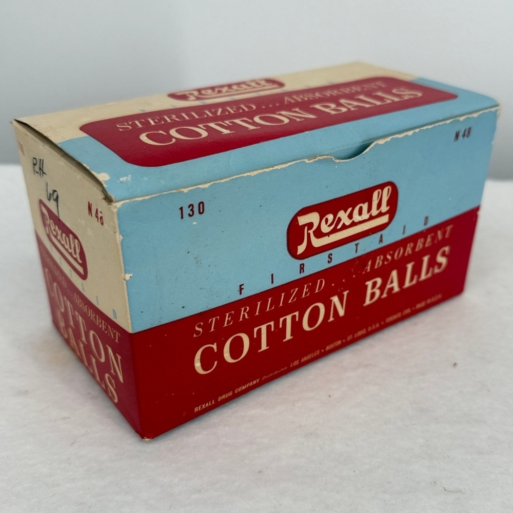 Vintage Rexall First Aid Cotton Balls N 48 Box 130 Count Retro Apothecary Prop